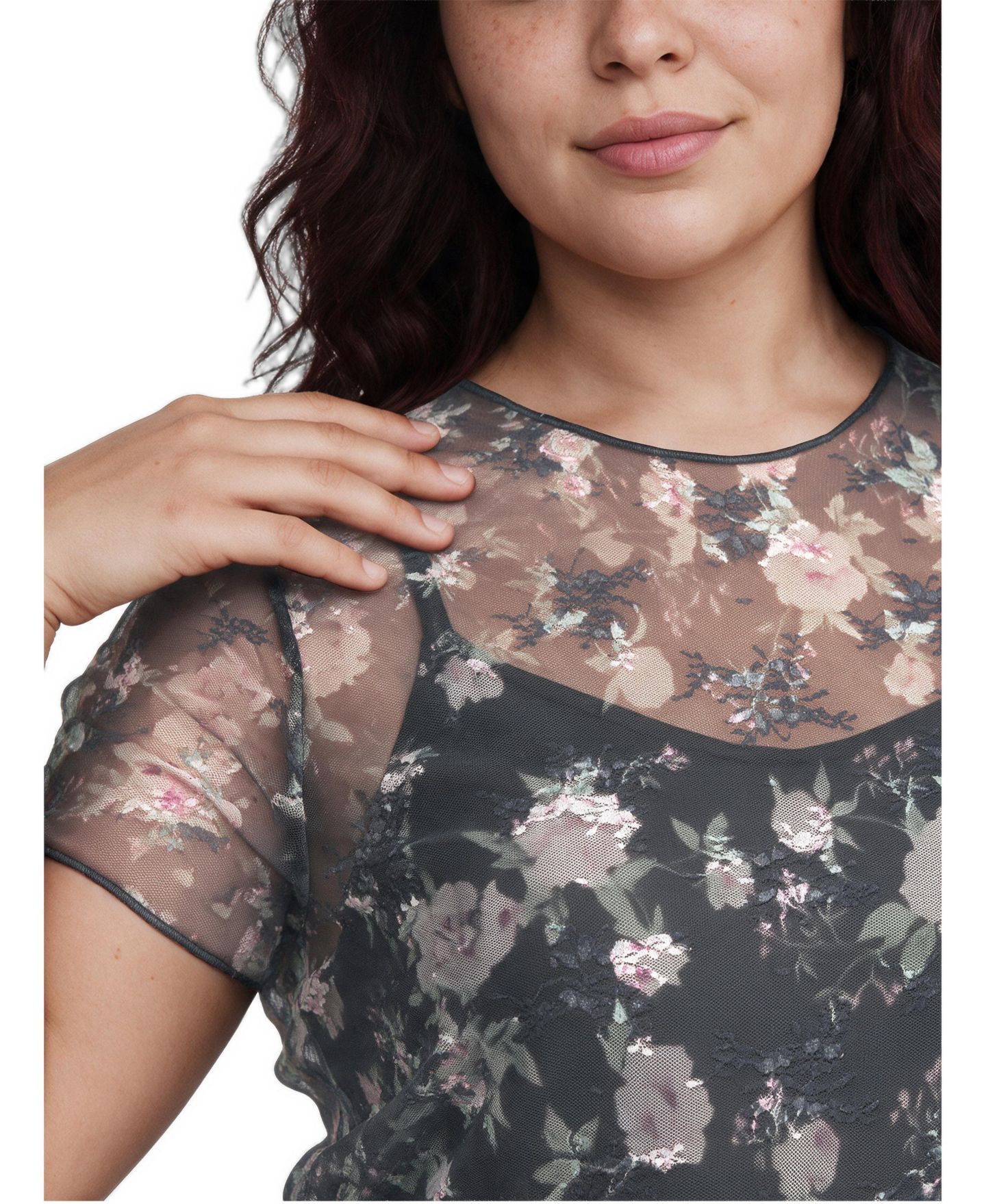 Женский топ Torrid Plus Size Sheer Lace Floral, цвет: С принтом серый — фото 2