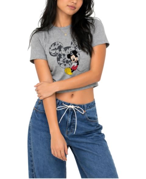 Женская футболка Disney Juniors' Mickey Ear Pattern Cropped Graphic, цвет: Меланжевый серый