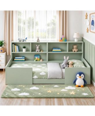 Low Profile Kids Floor Bed Frame with Built-in Storage Bookcase, Wooden Montessori Daybed Frame with Guardrail for Children Bedroom