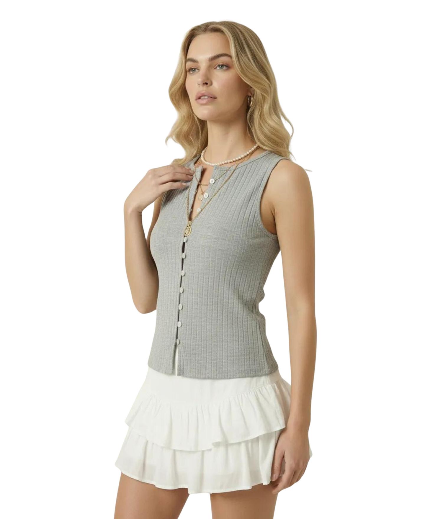 Женский топ Modenaire Ribbed Knit Off-Center Button-Front, цвет: Меланжевый серый — фото 4