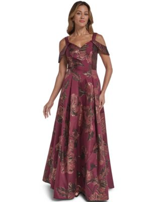 Women's Cold-Shoulder Floral Ball Gown Dress