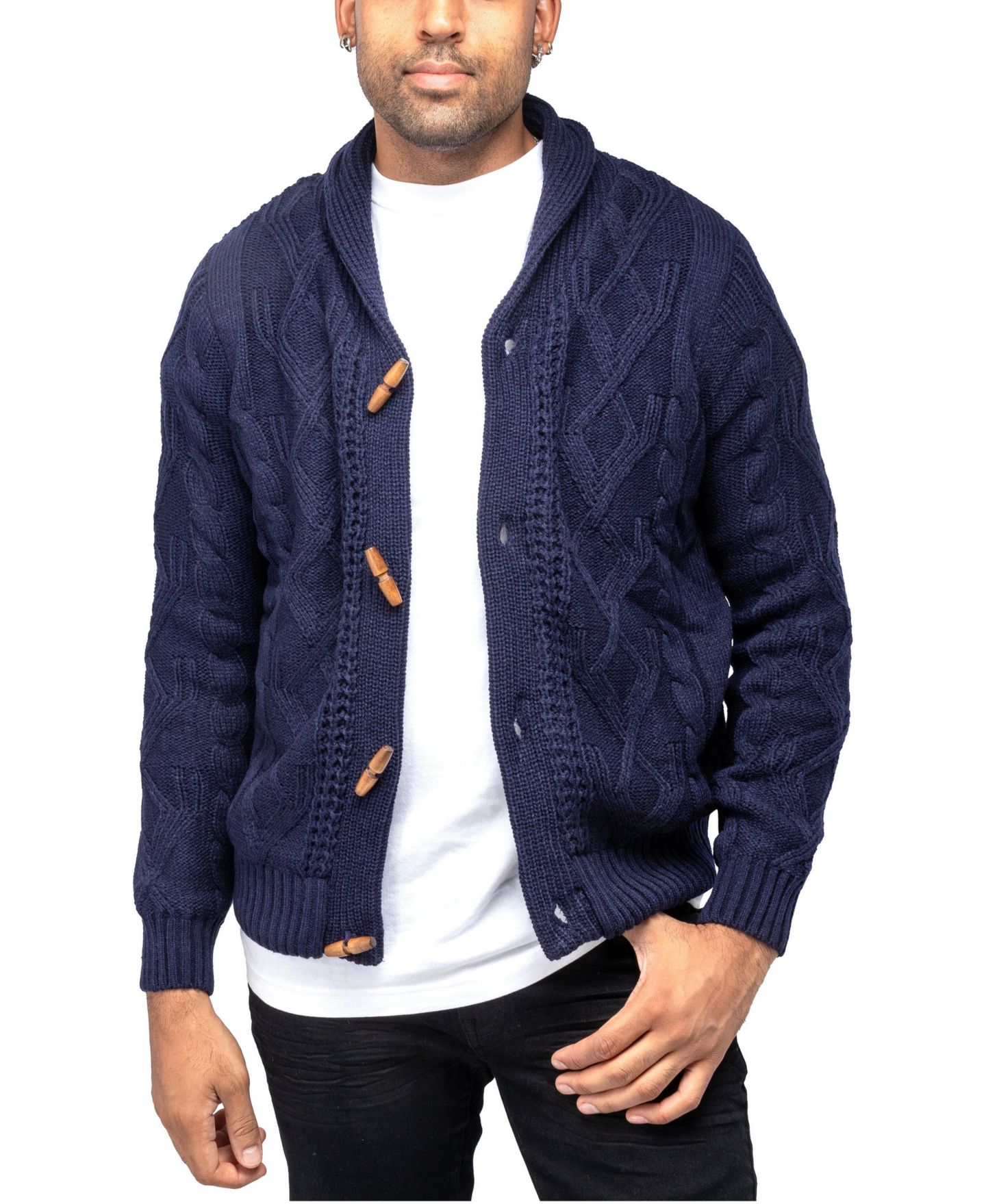 Мужской кардиган XRAY Faux Shearling-Lined Shawl Collar Cable-Knit, цвет: Тёмно-синий — фото 1
