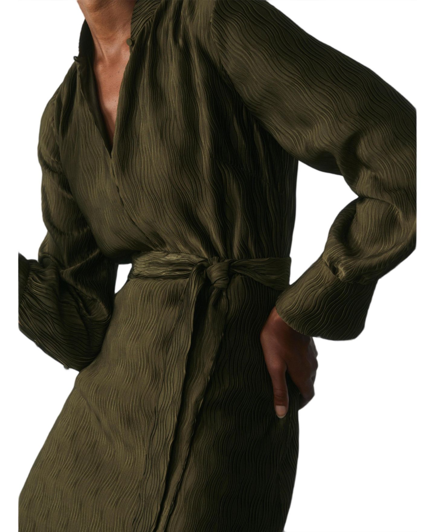 Женское платье The Fold Aurellie Long-Sleeve Wave-Pleated Midi, цвет: Зелёный — фото 5