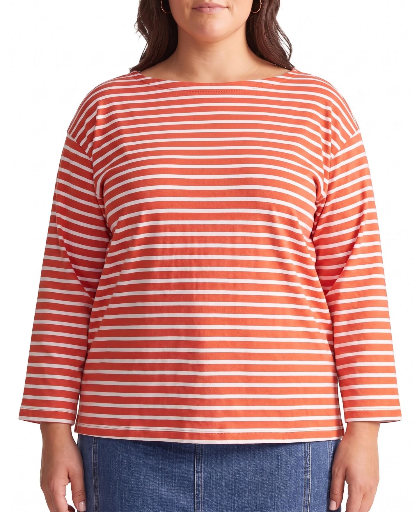 Женский топ Universal Standard Plus Size Montauk Breton Stripe Bell Sleeve, цвет: Коралловый / Белый полосатый — фото 1
