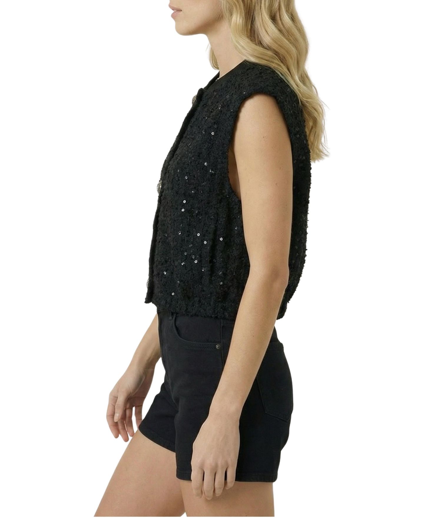 Женский жилет Modenaire Sequin Button-Front Structured, цвет: Чёрный — фото 4