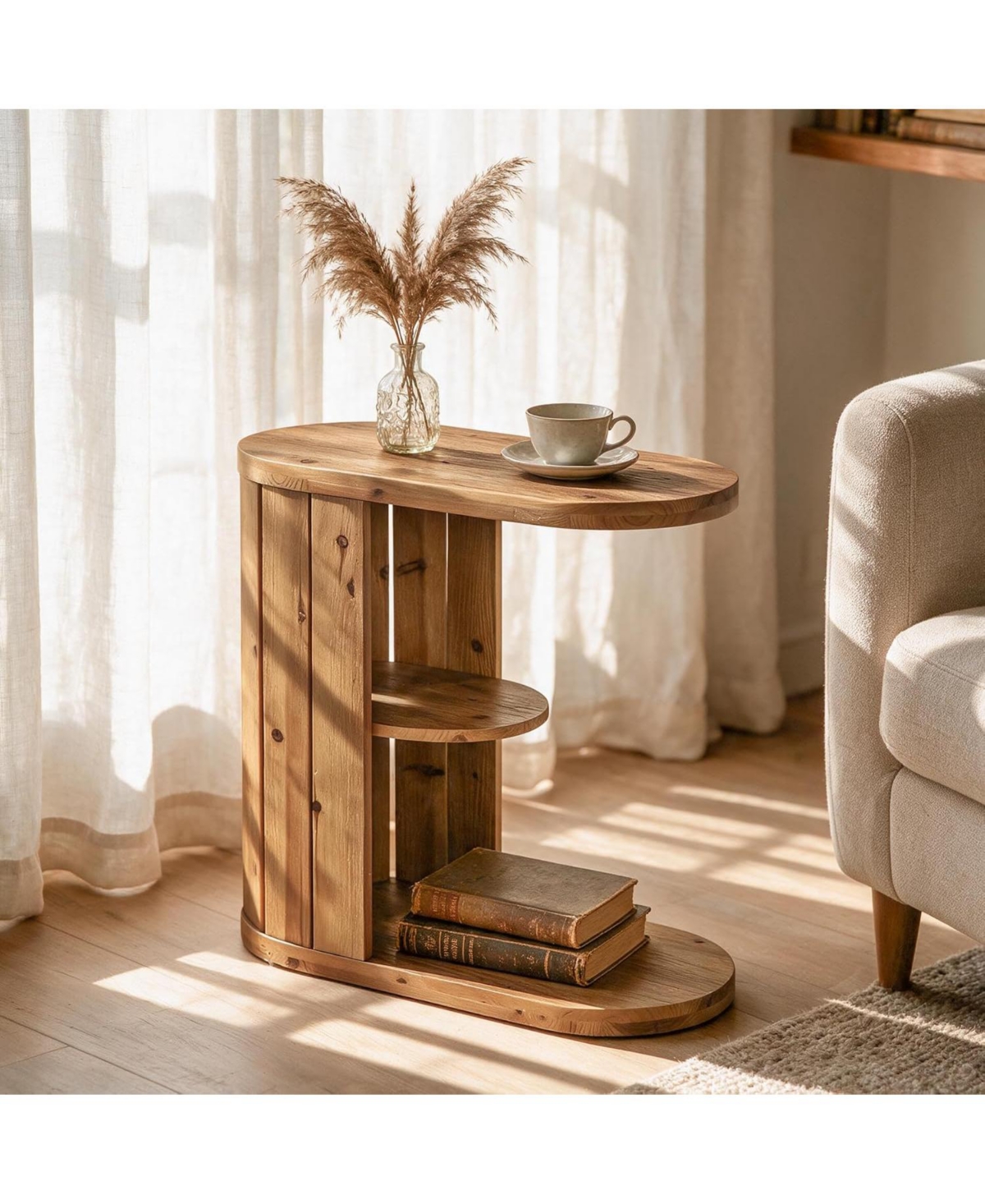 Tribesigns Solid Wood Side Table,C-Shaped Small End Table with Storage - Brown