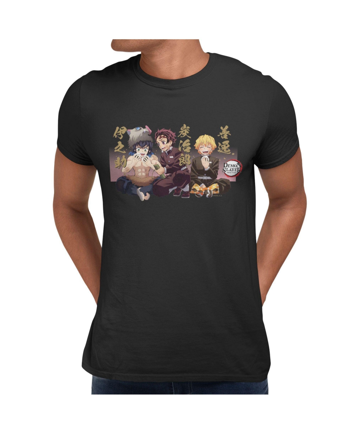 Demon Slayer Men's Kimetsu No Yaiba Mugen Train Inosuke Tanjiro Lunch Scene Graphic Crewneck T-Shirt - Black