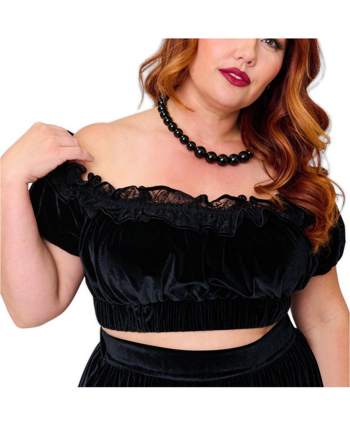 Unique Vintage Plus Size 1970s Off Ruffle Up Crop Top - Black solid