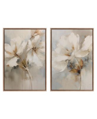 Sylvie Beaded Abstract Botanical Floral Linen Painting 1 and 2 Framed Canvas Art Set by The Creative Bunch Studio