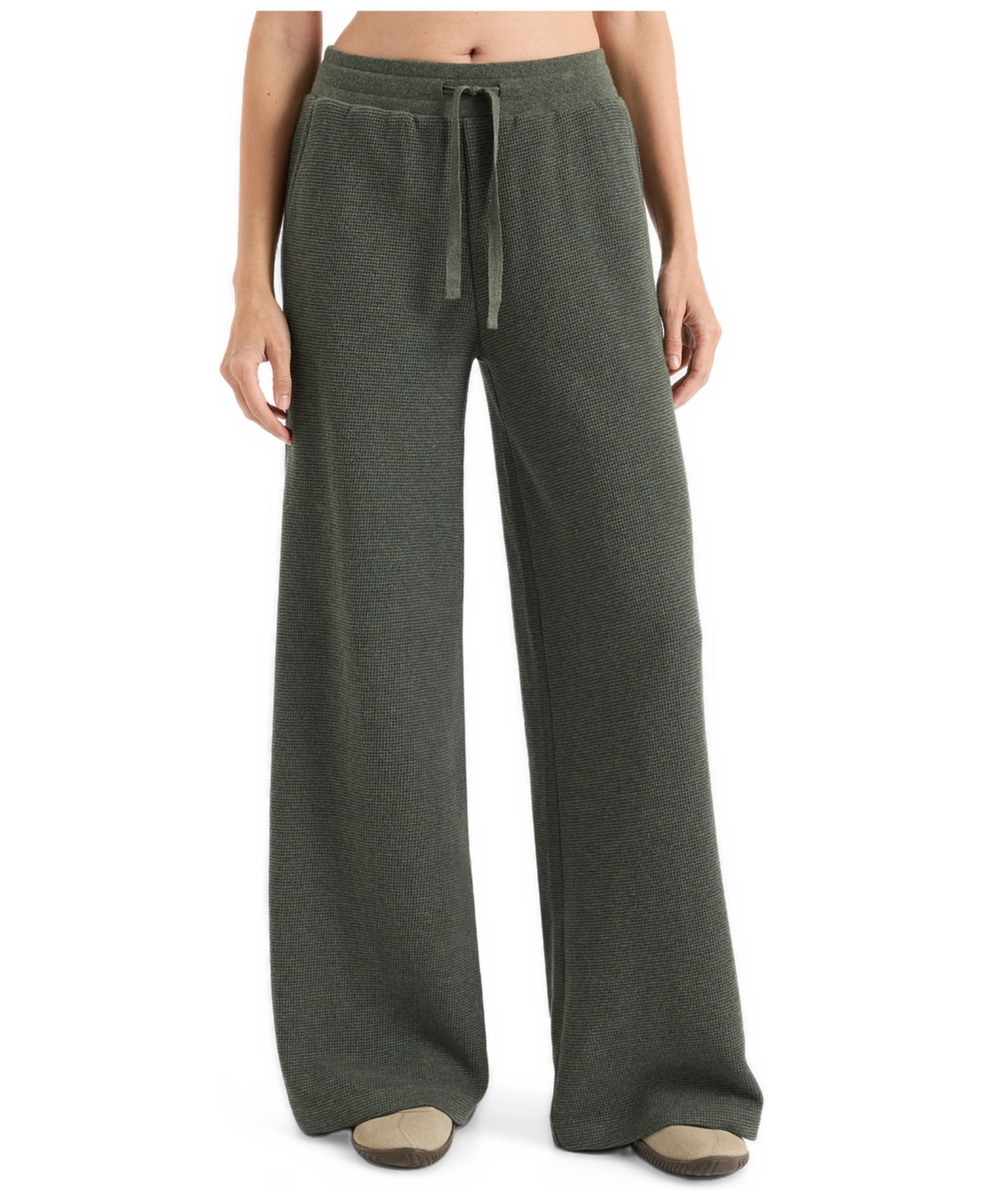 Pact Women's Luxe Organic Cotton-Blend Waffle-Knit Mid-Rise Wide-Leg Pants - Dusted green heather