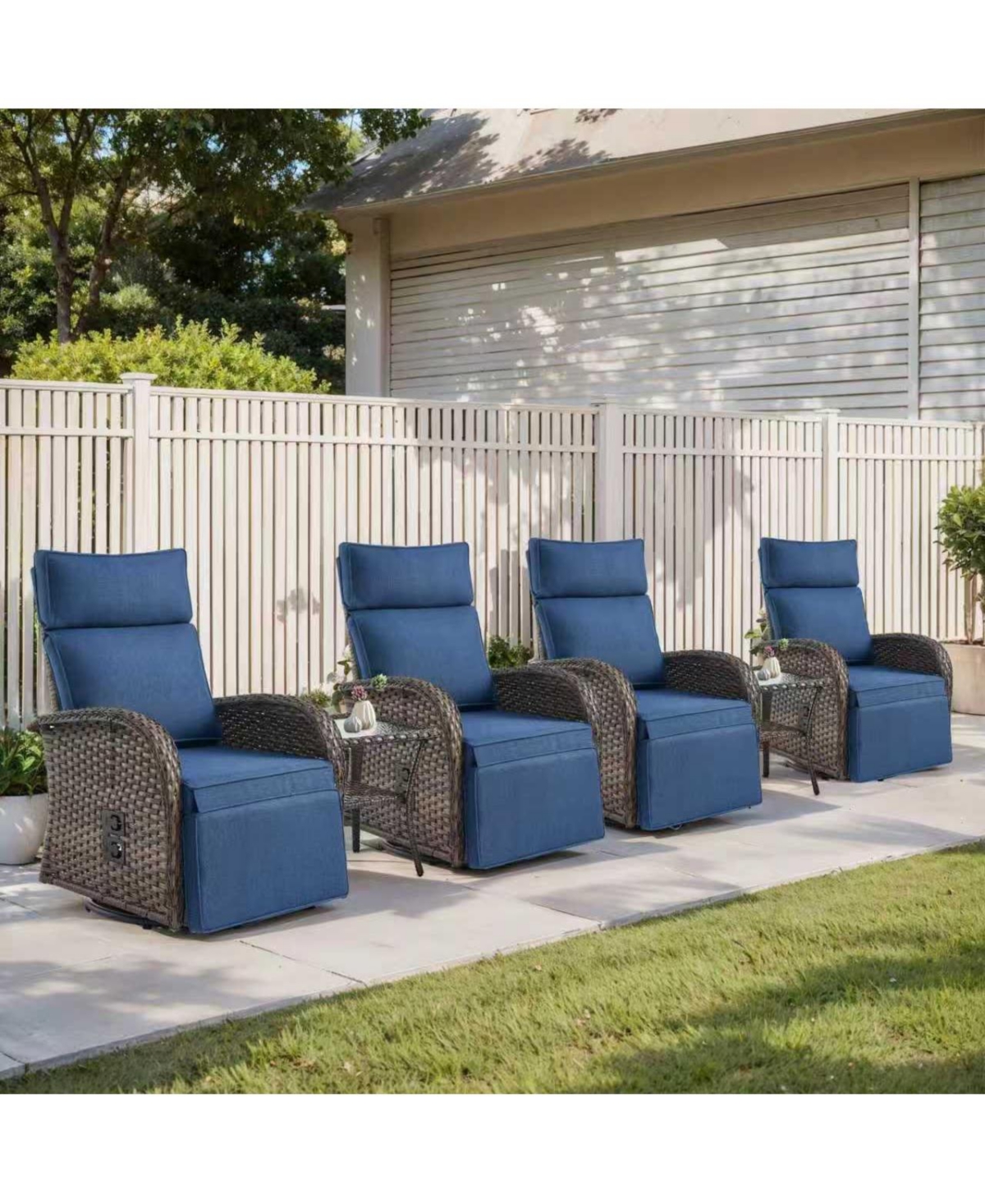 Pocassy 6-Piece Patio Swivel Recliner Set with Wicker Chairs and Side Tables, All-Weather Outdoor Furniture Set - Blue