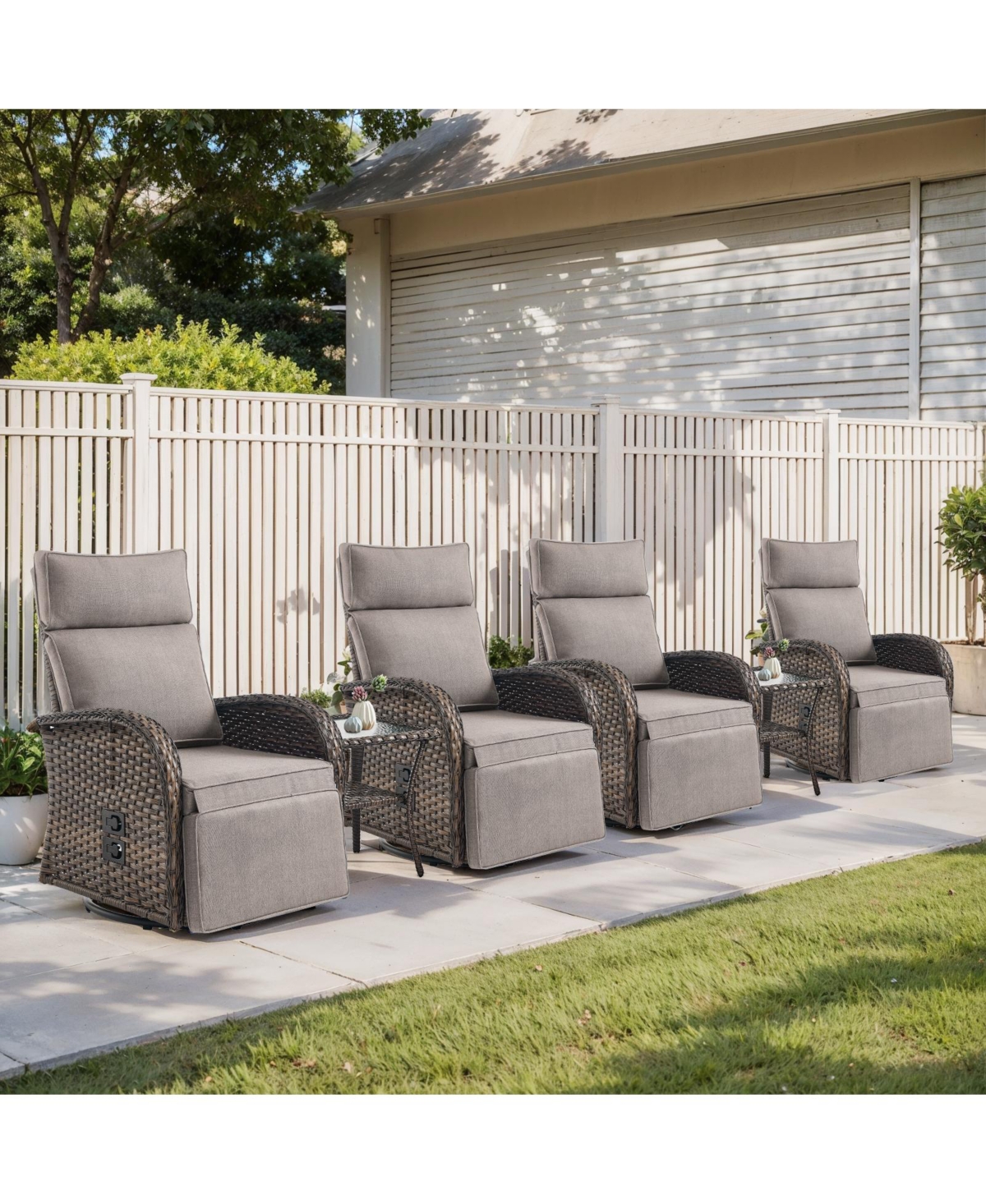 Pocassy 6-Piece Patio Swivel Recliner Set with Wicker Chairs and Side Tables, All-Weather Outdoor Furniture Set - Beige