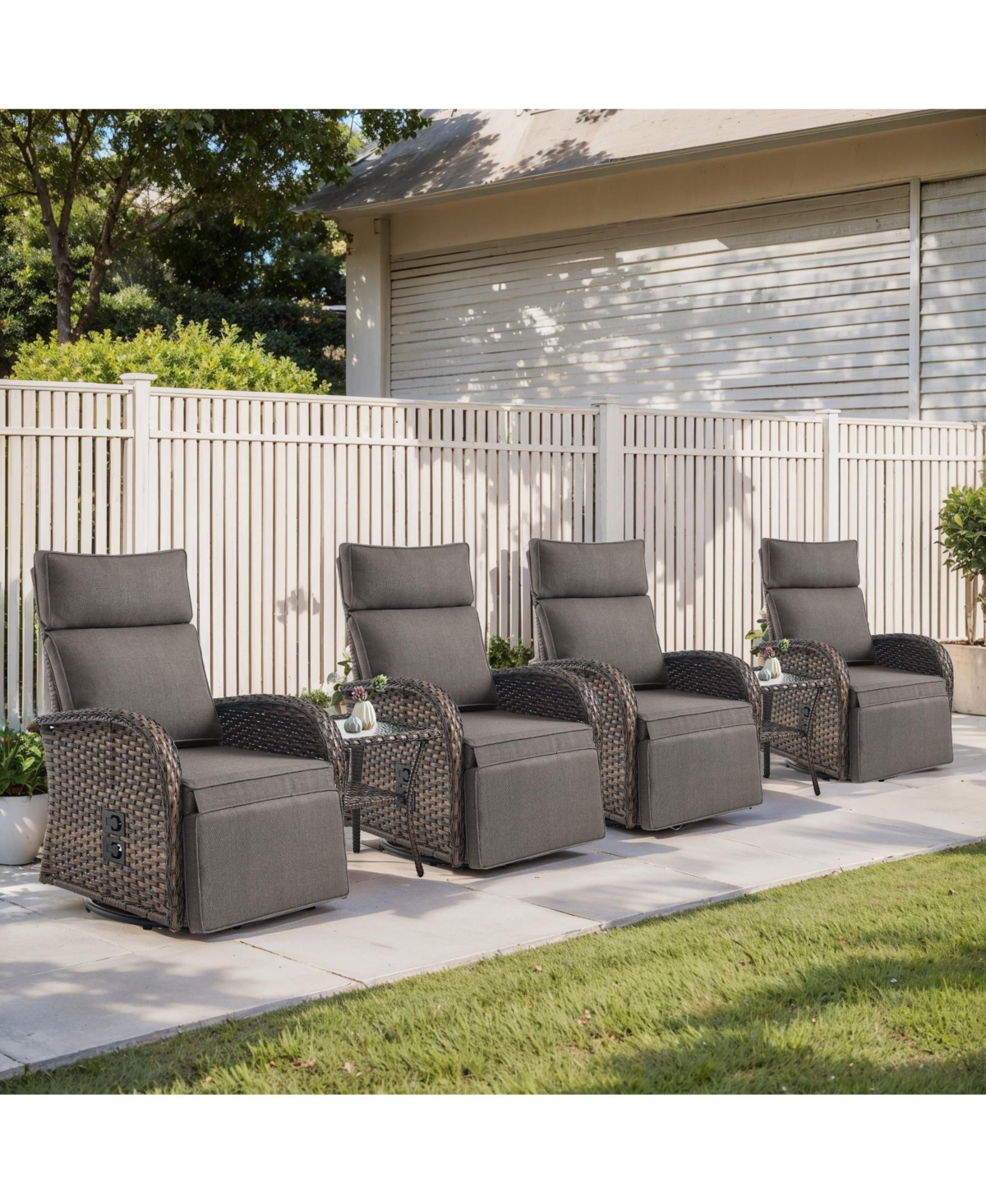 Pocassy 6-Piece Patio Swivel Recliner Set with Wicker Chairs and Side Tables, All-Weather Outdoor Furniture Set - Grey
