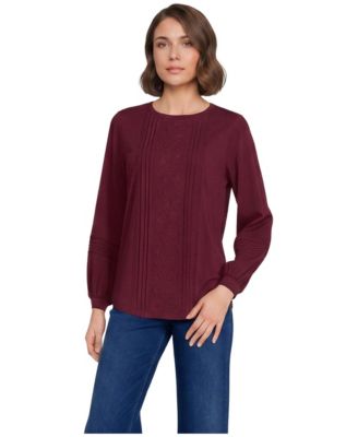 Women's Pintuck and Lattice Long Balloon Sleeve Lightweight Jersey Blouse