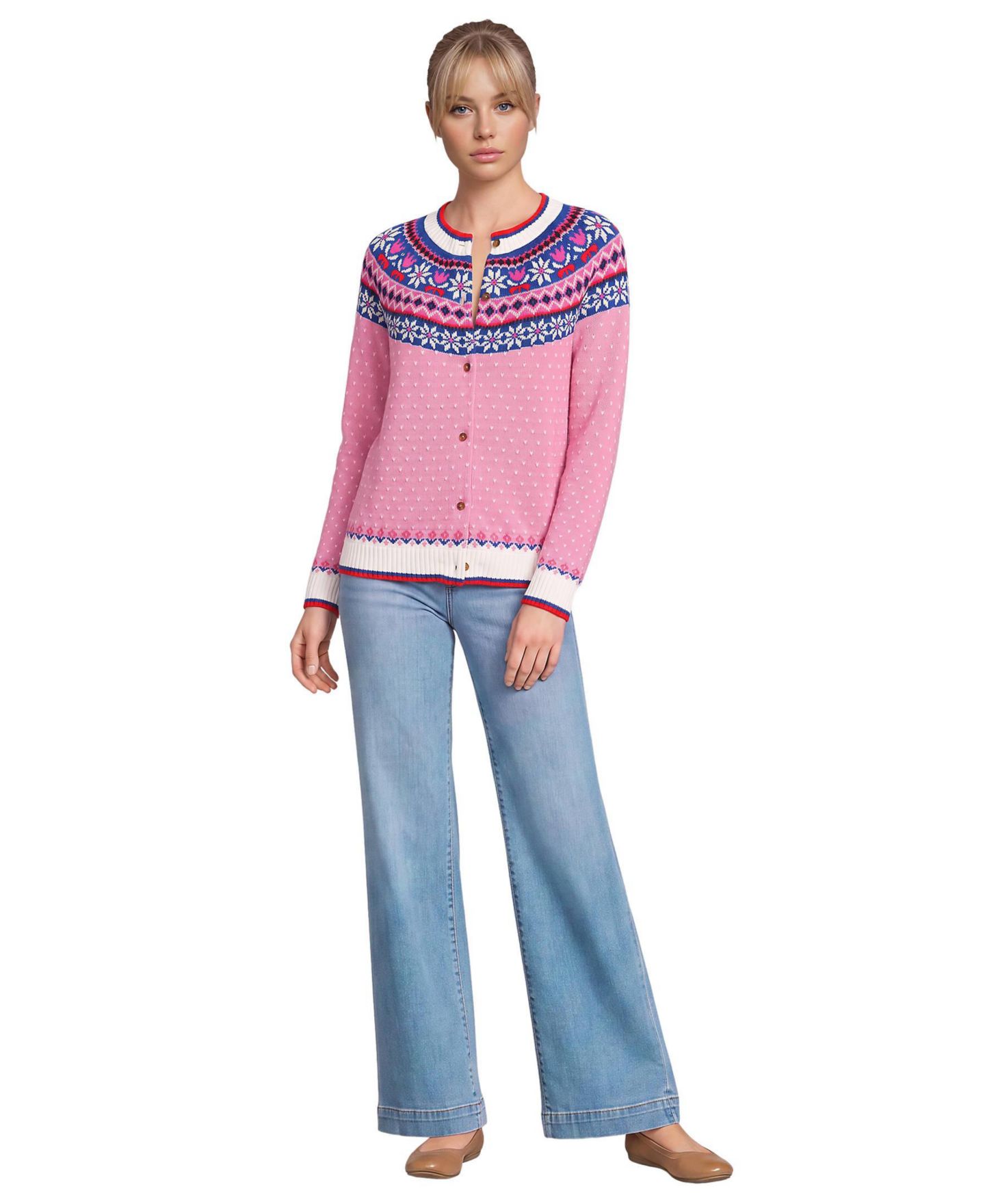 Женский кардиган Lands' End Drifter Fair Isle Raglan-Sleeve Cardigan, цвет: Розовый / Слоновая кость с принтом — фото 3