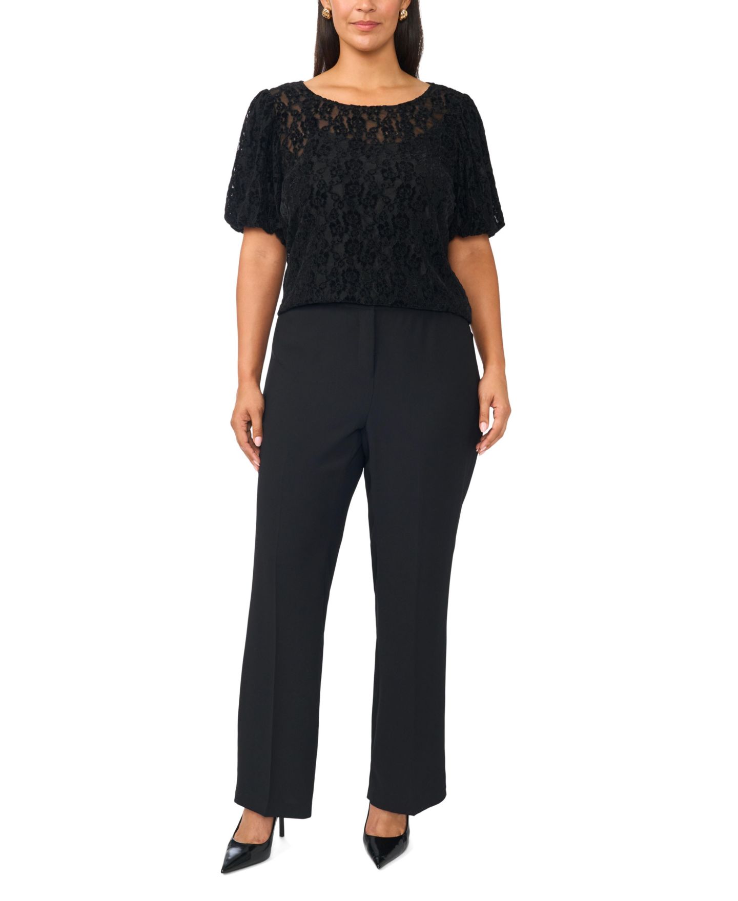 Женская блузка Vince Camuto Plus Size Puff-Sleeve Crewneck Lace, цвет: Насыщенный чёрный — фото 2
