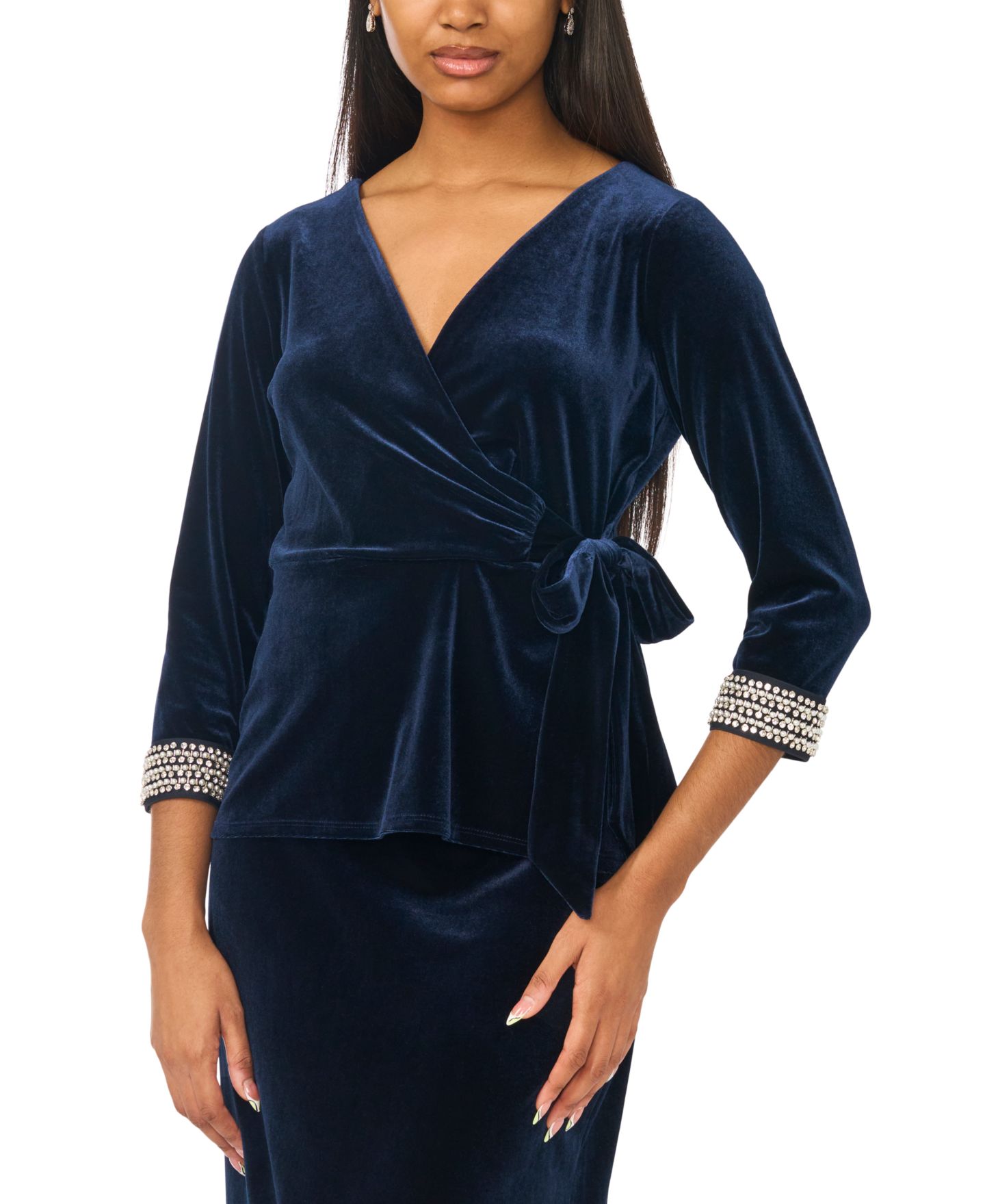 Женский топ MSK 3/4-Sleeve V-Neck Faux Wrap, цвет: Тёмно-синий — фото 1
