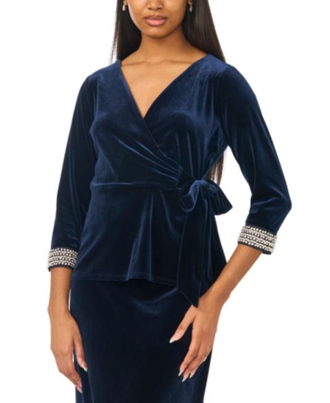 Женский топ MSK 3/4-Sleeve V-Neck Faux Wrap, цвет: Тёмно-синий