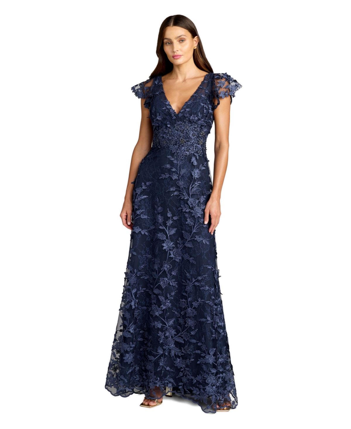 Mac Duggal Women's Embroidered Applique Wrap Over Flutter Sleeve Gown - Midnight