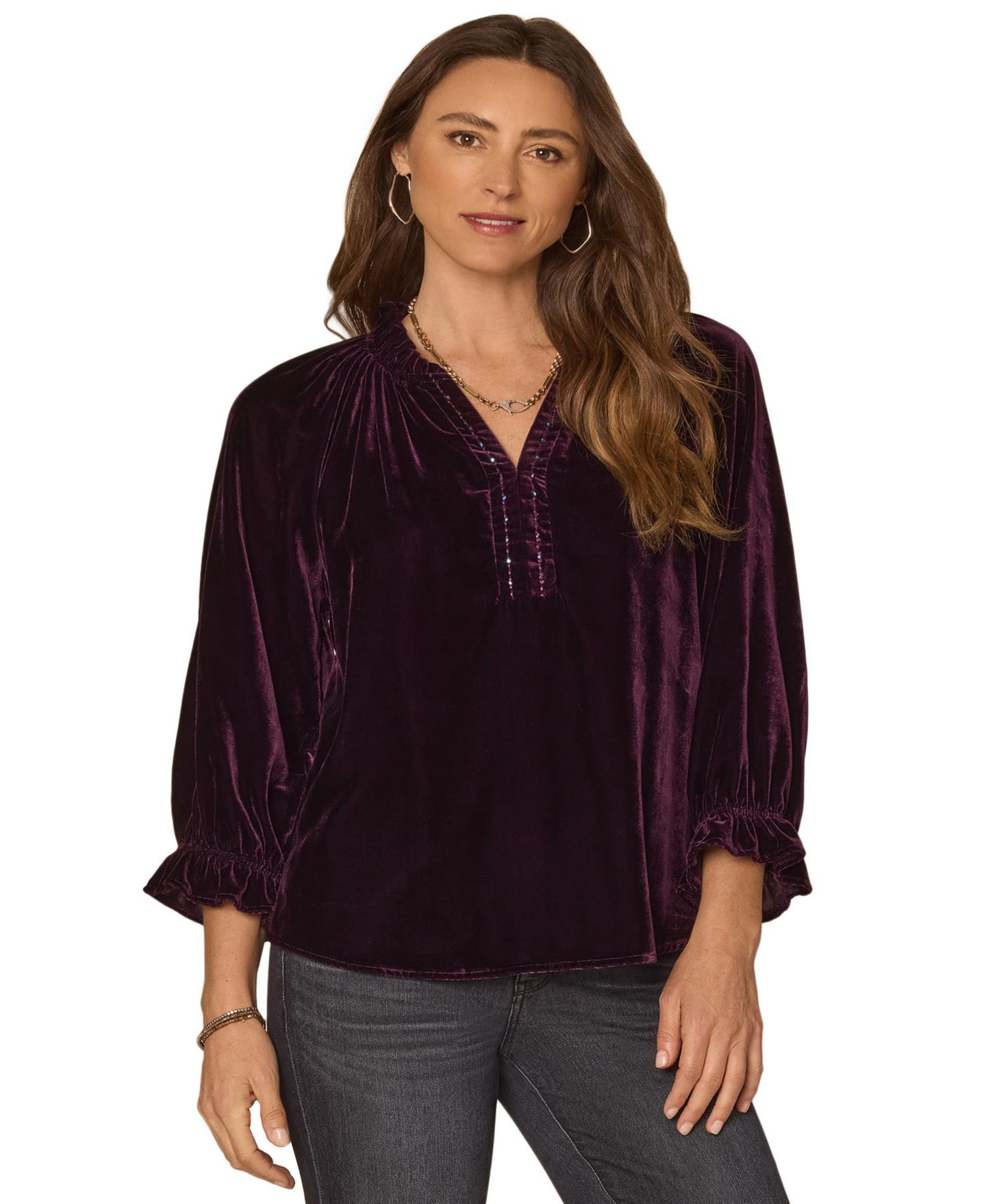 Женская блузка Democracy 3/4-Sleeve Velvet Split Neck, цвет: Баклажановый — фото 1