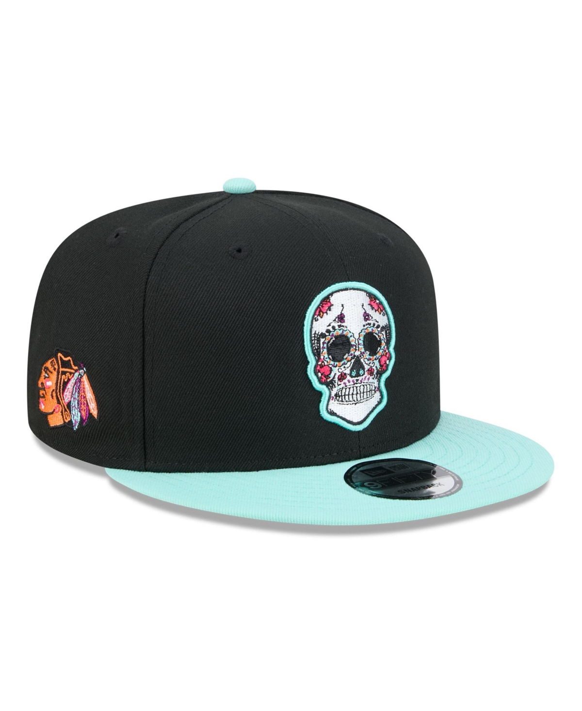 New Era Men's Black Chicago Blackhawks Dia De Los Muertos 9FIFTY Snapback Hat - Black, Turquoise
