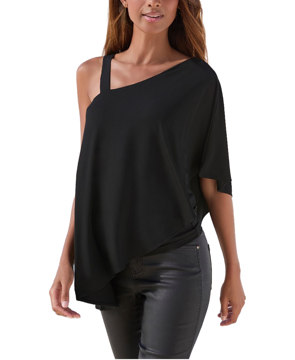 Lascana Women's One-Shoulder Asymmetrical-Hem Flowy Sleeveless Top - Black