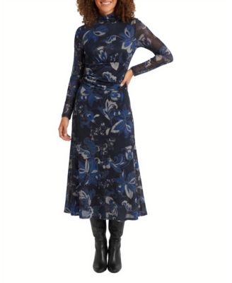 Women's Floral-Print Ruched Long-Sleeve Dress