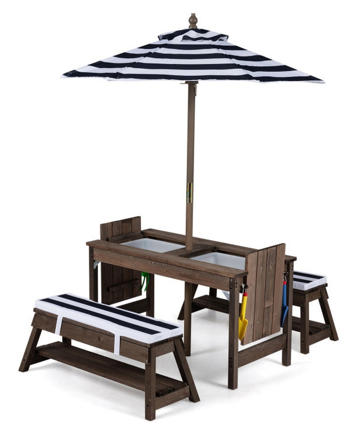 Hongge 4-in-1 Kids Wooden Picnic Table and Bench Set with Removable Umbrella, Ages 3+ - Blue