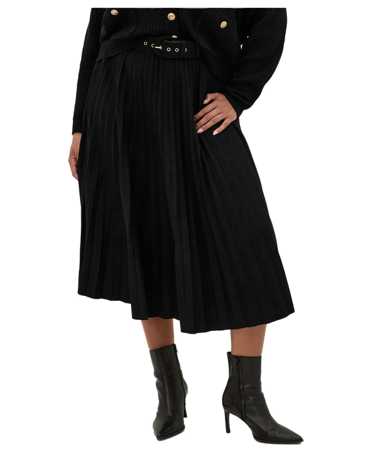 City Chic Plus Size Faux Suede Pleated High-Waisted Midi Skirt - Black