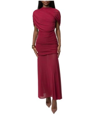 Women's Full Attention Sheer-Mesh Asymmetric-Draped Ruched Maxi Dress