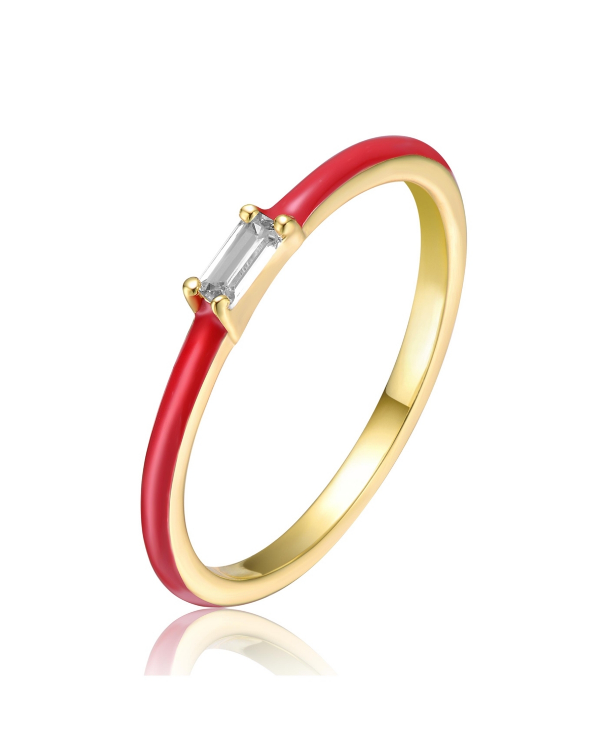 GiGiGirl Girls/Teens Sterling Silver 14k Yellow Gold Plated with Cubic Zirconia Baguette Solitaire Magenta-Red Enamel Slim Stacking Ring - Red