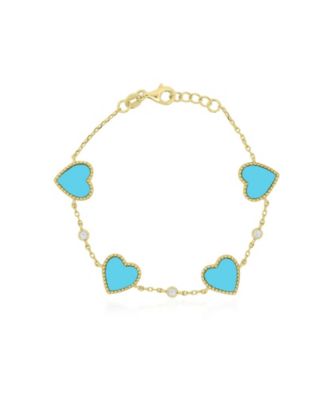 Large Turquoise Heart and Cubic Zirconia Station Bracelet in 14k Gold-Plated Sterling Silver