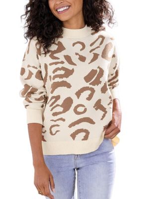 Women's Leopard-Print Relaxed-Fit Long-Sleeve Crewneck Sweater