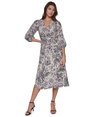 Women's Floral-Print Balloon-Sleeve Knot Front Wrap Midi Dress