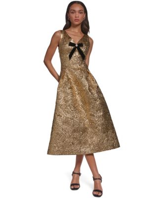 Women's A-Line Midi V-Neck Bow-Detail Dress