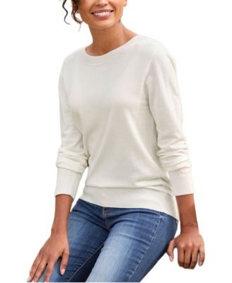 Women's Lace-Back Detail Long-Sleeve Dropped-Shoulder Crewneck Knit Sweater