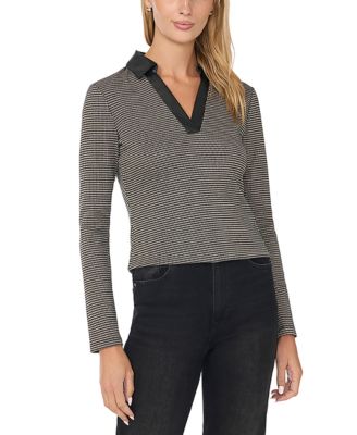 Women's Long-Sleeve Houndstooth Knit Polo Top