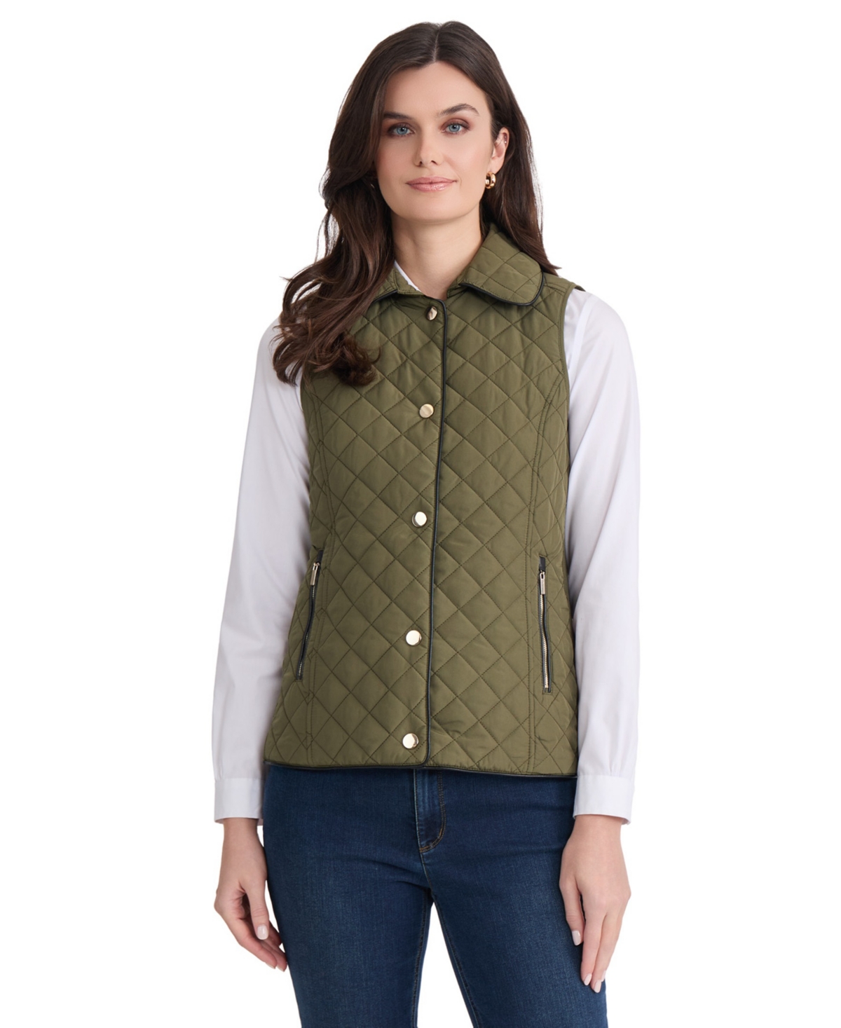 Jones New York Women's Quilted Faux Leather Piping Vest - Jasper Green Multi