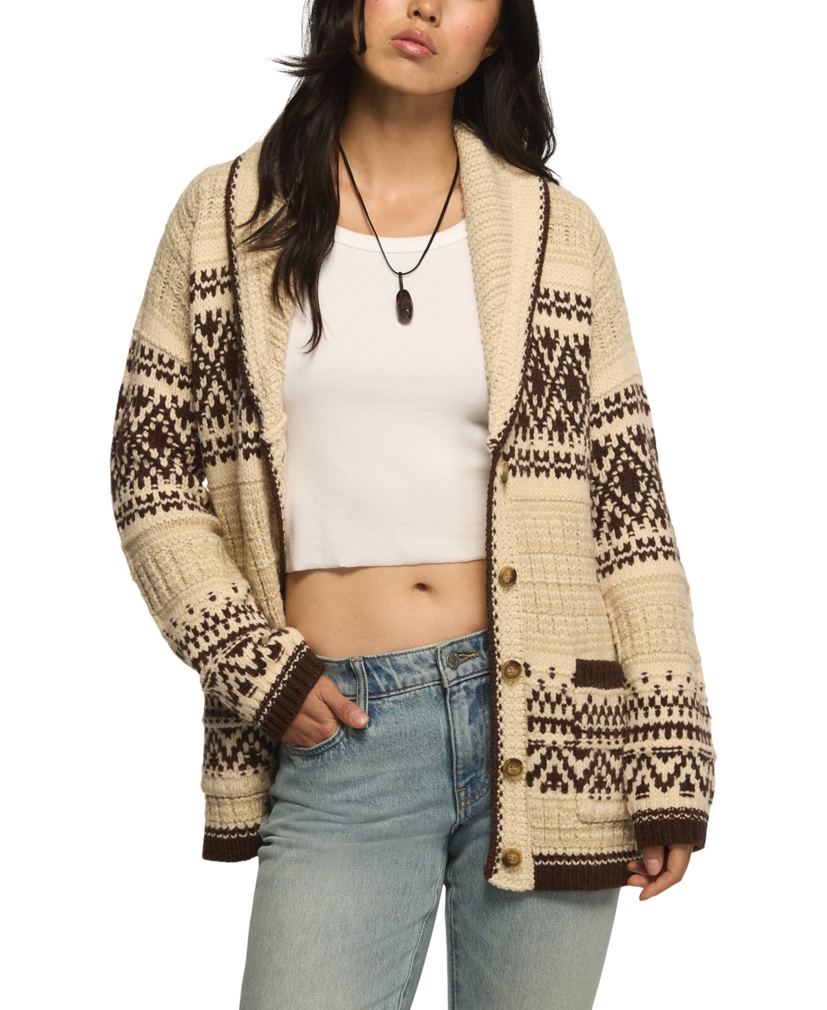 Lucky Brand Women's Shawl-Collar Fair Isle Cardigan - Angora