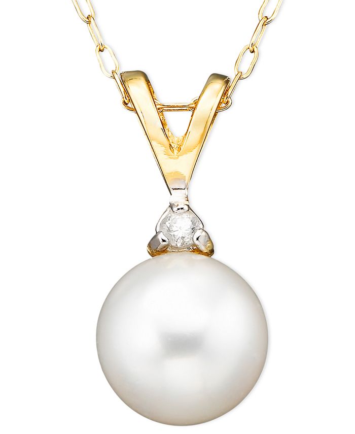 Belle de Mer - Cultured Freshwater Pearl (6-1/2mm) and Diamond Accent Pendant Necklace in 14k Gold
