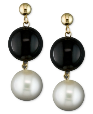 image of Cultured Freshwater Pearl (8-1/2mm) and Onyx (10mm) Drop Earrings in 14k Gold