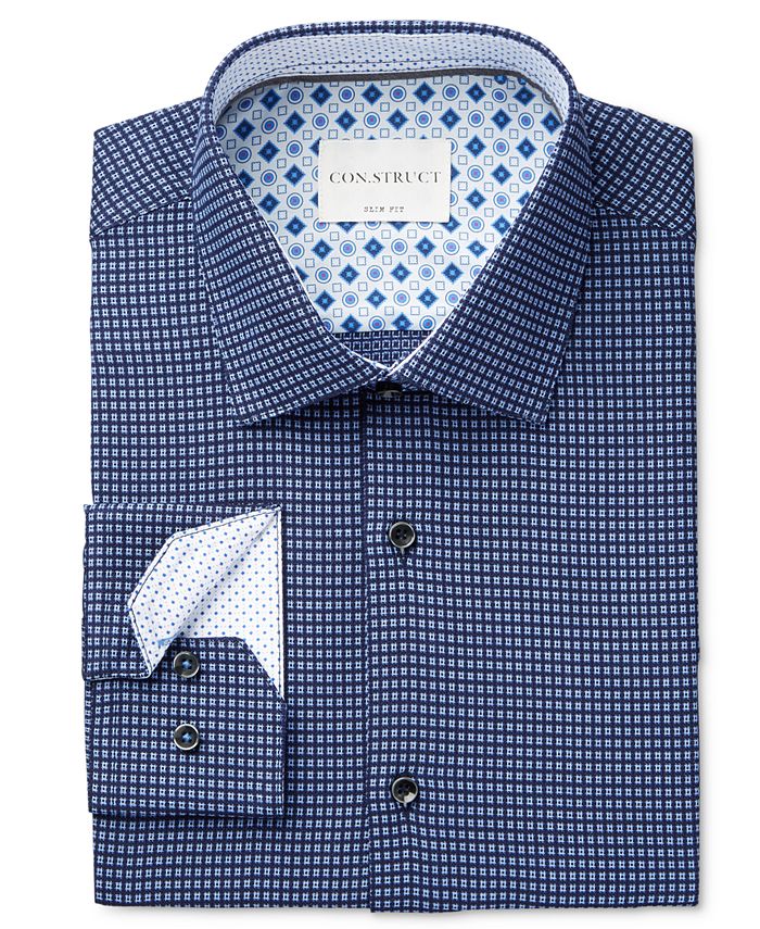ConStruct Con.Struct Men's Fitted Navy Blue Dobby Check Dress Shirt ...