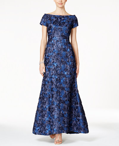 B Michael Sequined Rosette Off-The-Shoulder Gown