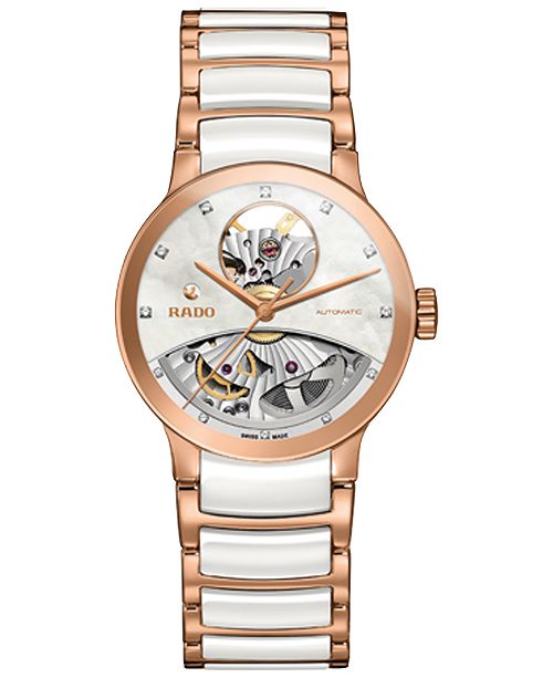 Rado Women S Swiss Automatic Centrix Diamond Accent Rose Gold Tone Pvd Stainless Steel And White Ceramic Bracelet Watch 33mm R30248902 Reviews All Fine Jewelry Jewelry Watches Macy S