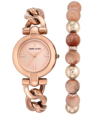 Anne Klein - Women's Rose Gold-Tone Chain Bracelet Watch & Beaded Bracelet Set 30mm AK-2836SUNS