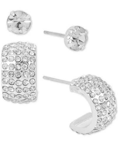 Touch of Silver Silver-Plated 2-Pc. Set Crystal Stud and J-Hoop Earrings