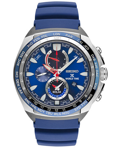 Seiko Men's Solar Chronograph Prospex World Time Blue Silicone Strap Watch 44mm SSC489