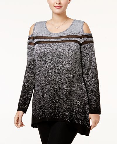 Belldini Plus Size Cold-Shoulder Metallic Sweater