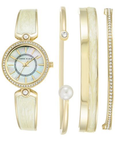 Anne Klein Women's Gold-Tone & Ivory Bangle Bracelet Watch & Bracelets Set 25mm AK-2482IVST