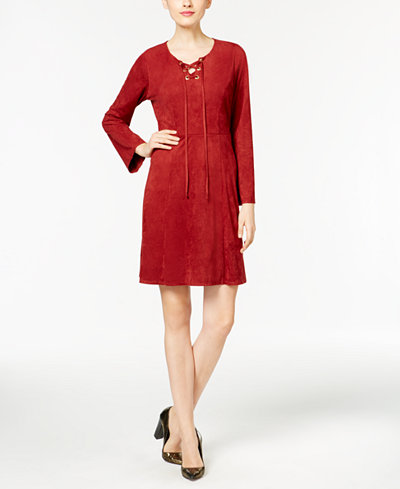 NY Collection Faux-Suede Lace-Up Fit & Flare Dress